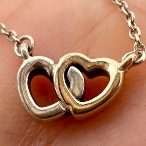 Real Pandora 14k Solid Gold & 925 Silver Double Heart Ring Pendant Chain Engagem